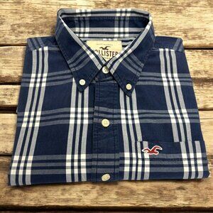 Hollister Navy White Plaid Red Logo‎ Long Sleeve Button Collar Shirt
